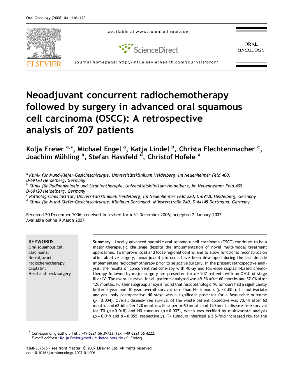 Neoadjuvant concurrent radiochemotherapy followed by surgery in advanced oral squamous cell carcinoma (OSCC): A retrospective analysis of 207 patients