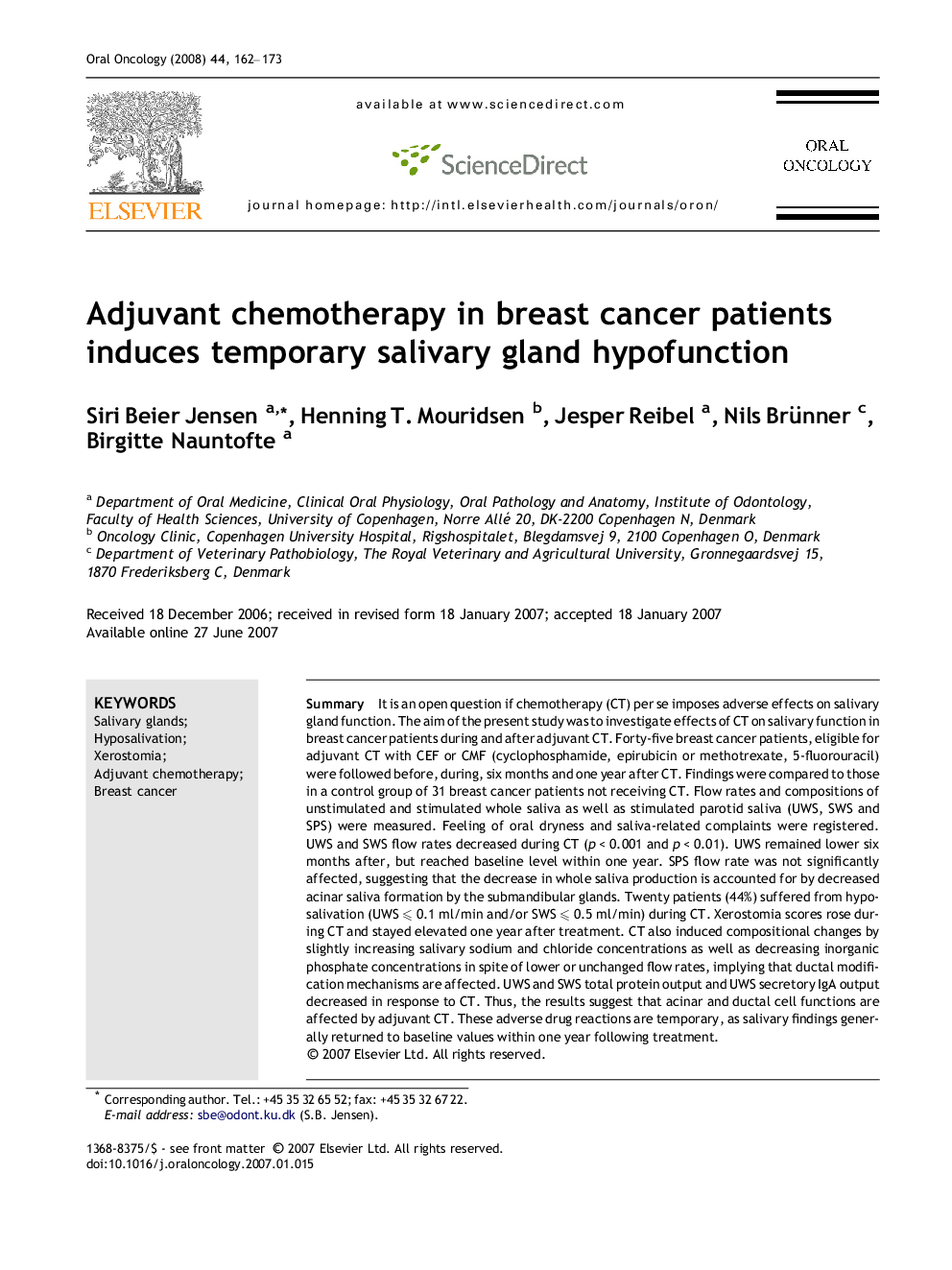 Adjuvant chemotherapy in breast cancer patients induces temporary salivary gland hypofunction