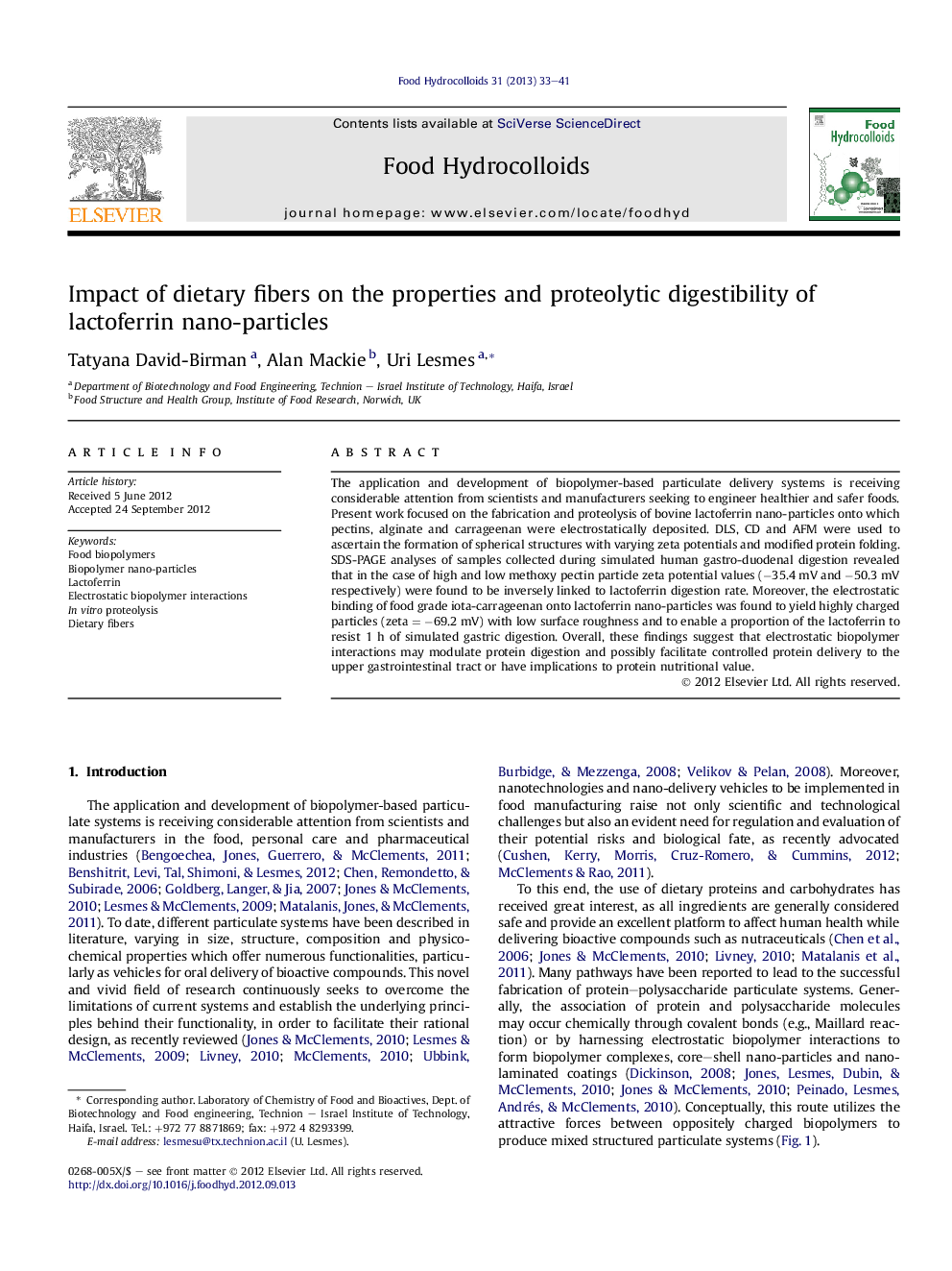 Impact of dietary fibers on the properties and proteolytic digestibility of lactoferrin nano-particles