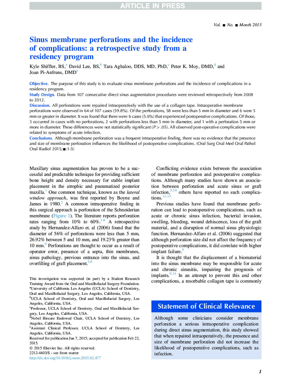 Sinus membrane perforations and the incidence of complications: a retrospective study from a residency program