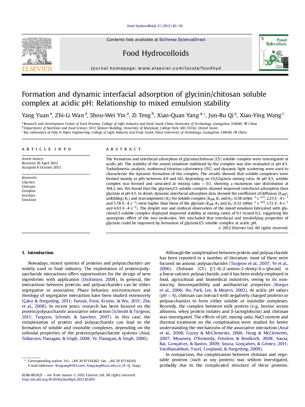 Formation and dynamic interfacial adsorption of glycinin/chitosan soluble complex at acidic pH: Relationship to mixed emulsion stability