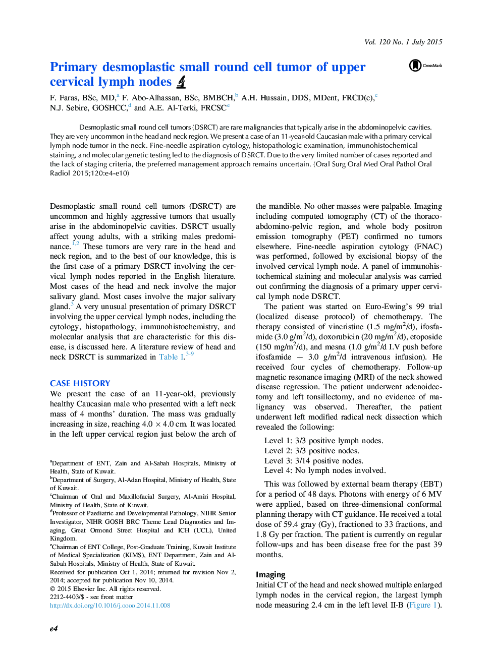 Primary desmoplastic small round cell tumor of upper cervical lymph nodes