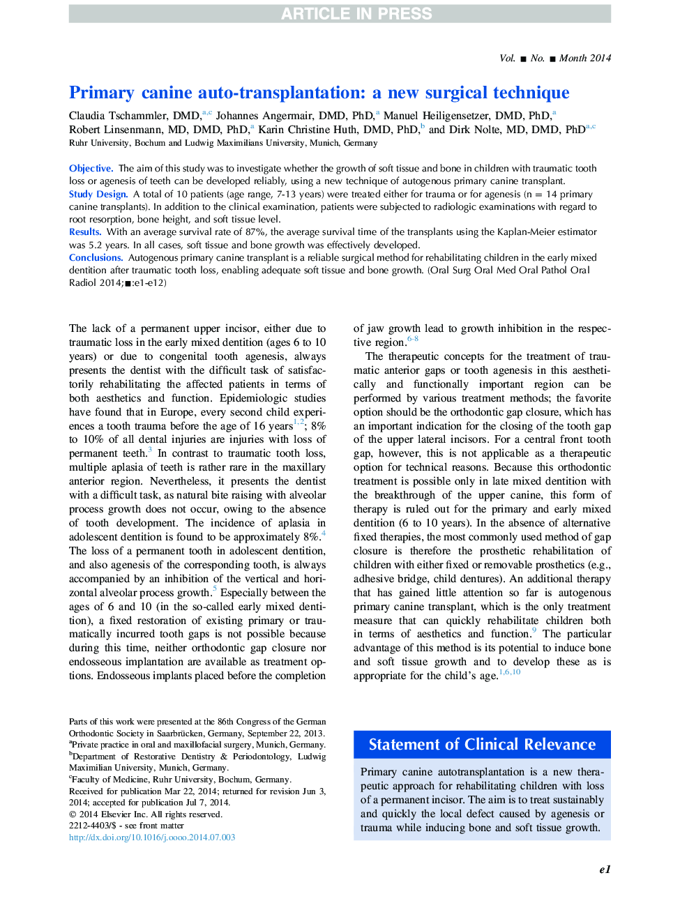 Primary canine auto-transplantation: a new surgical technique