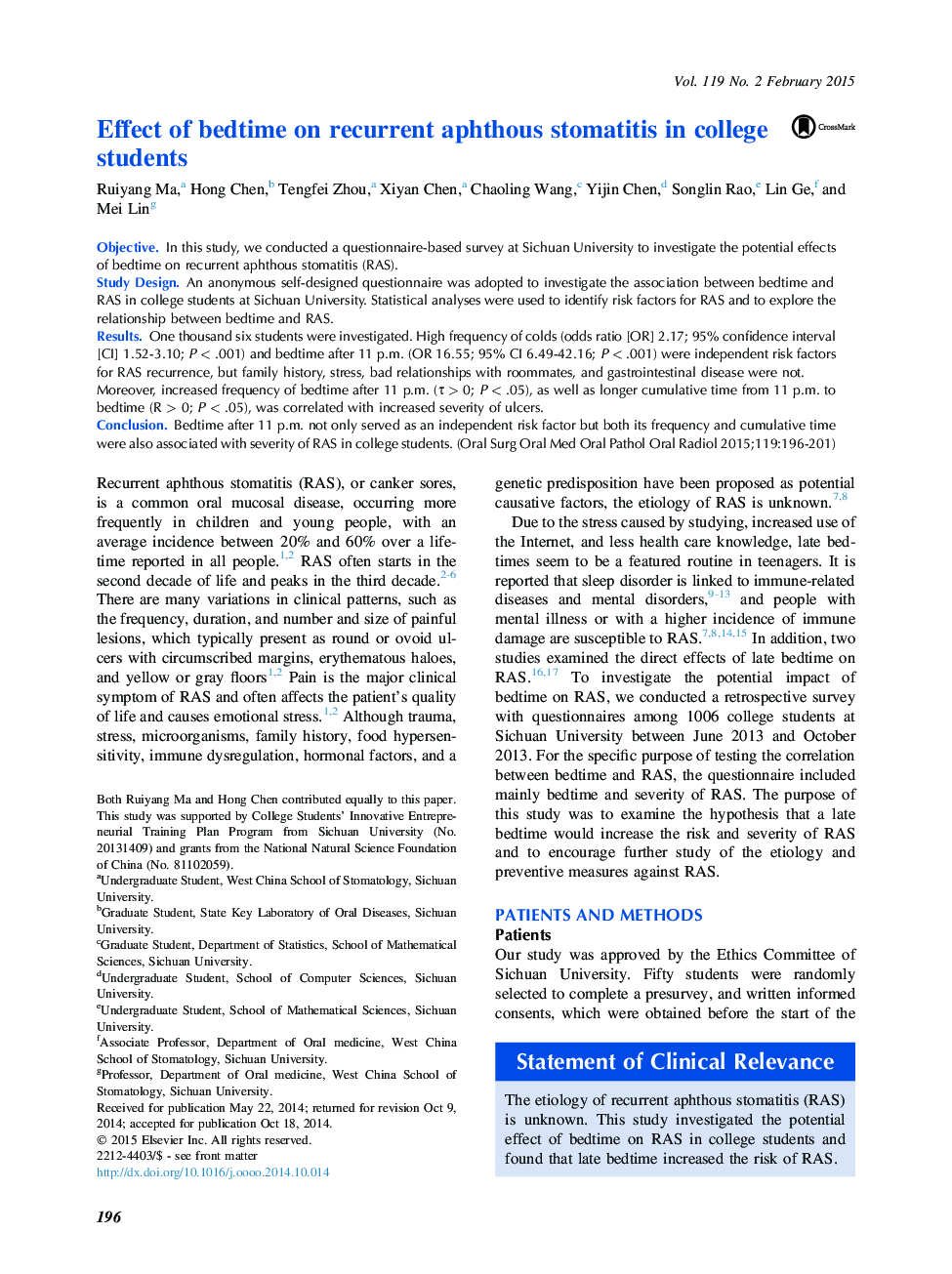 Effect of bedtime on recurrent aphthous stomatitis in college students