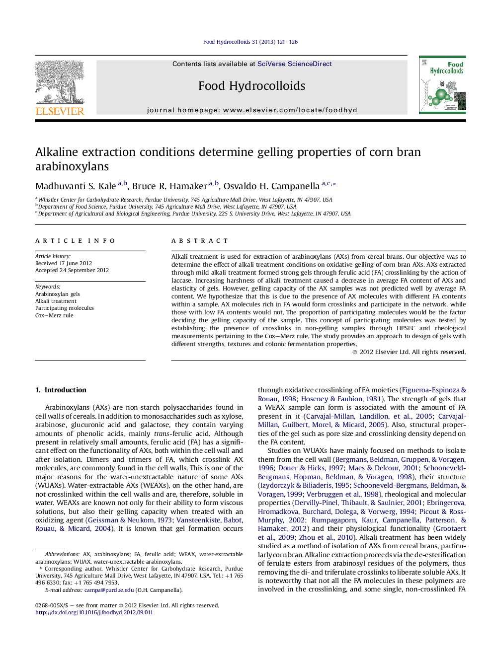 Alkaline extraction conditions determine gelling properties of corn bran arabinoxylans