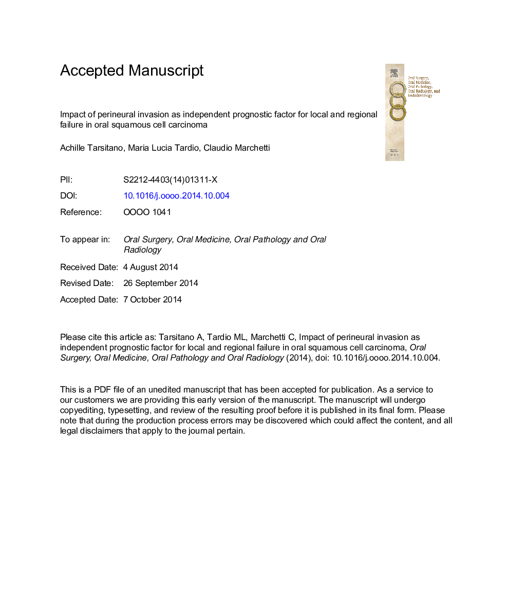 Impact of perineural invasion as independent prognostic factor for local and regional failure in oral squamous cell carcinoma