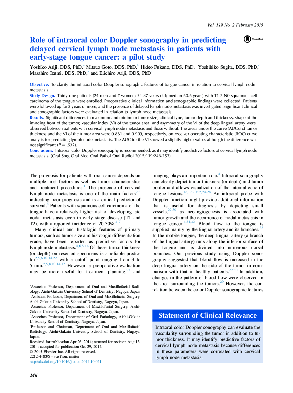 Role of intraoral color Doppler sonography in predicting delayed cervical lymph node metastasis in patients with early-stage tongue cancer: a pilot study