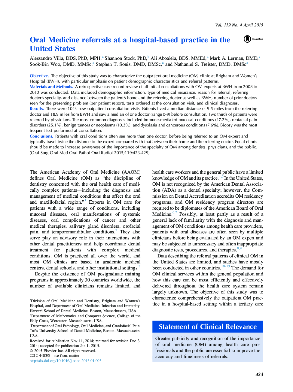 Oral Medicine referrals at a hospital-based practice in the United States