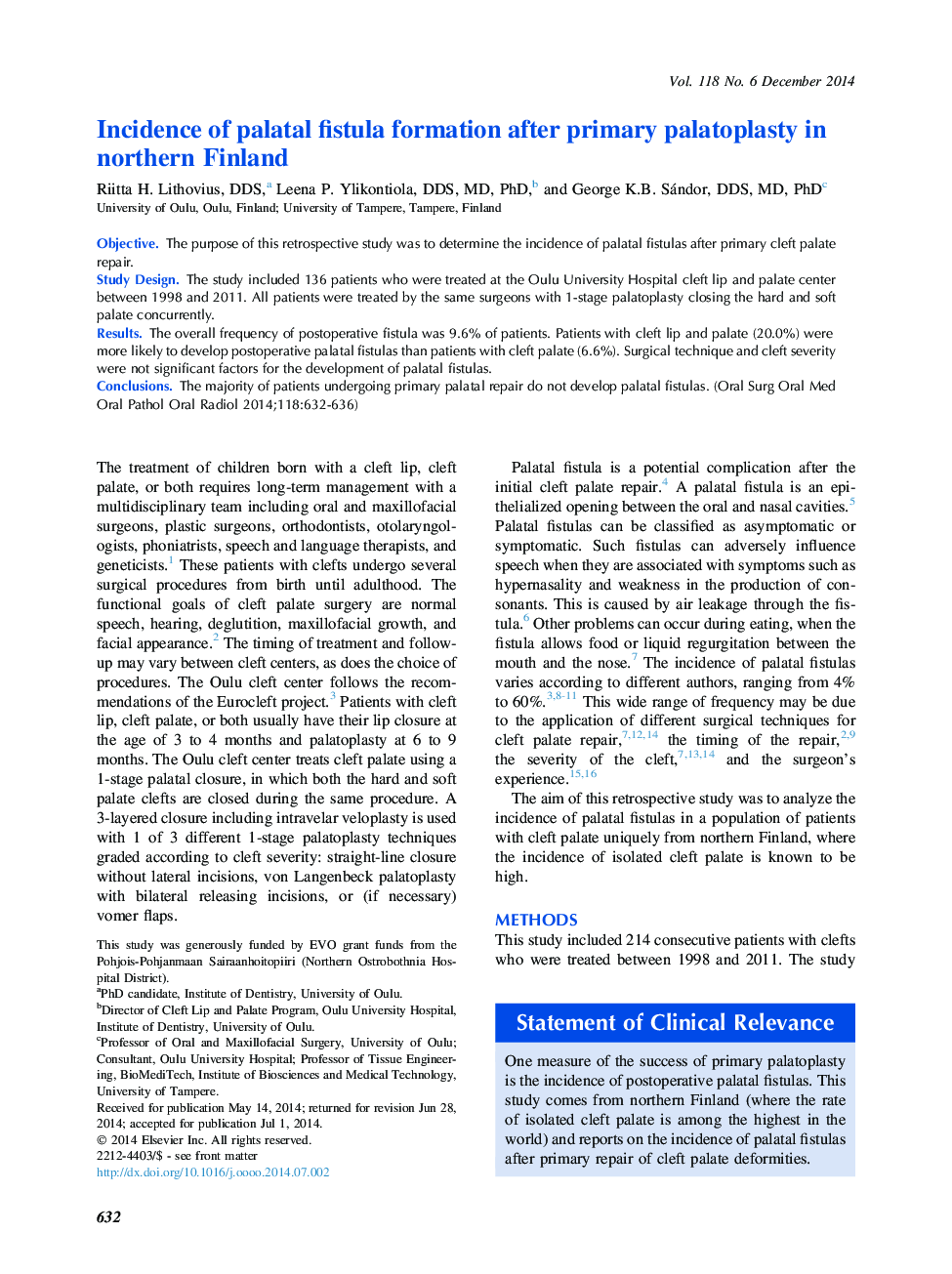 Incidence of palatal fistula formation after primary palatoplasty in northern Finland