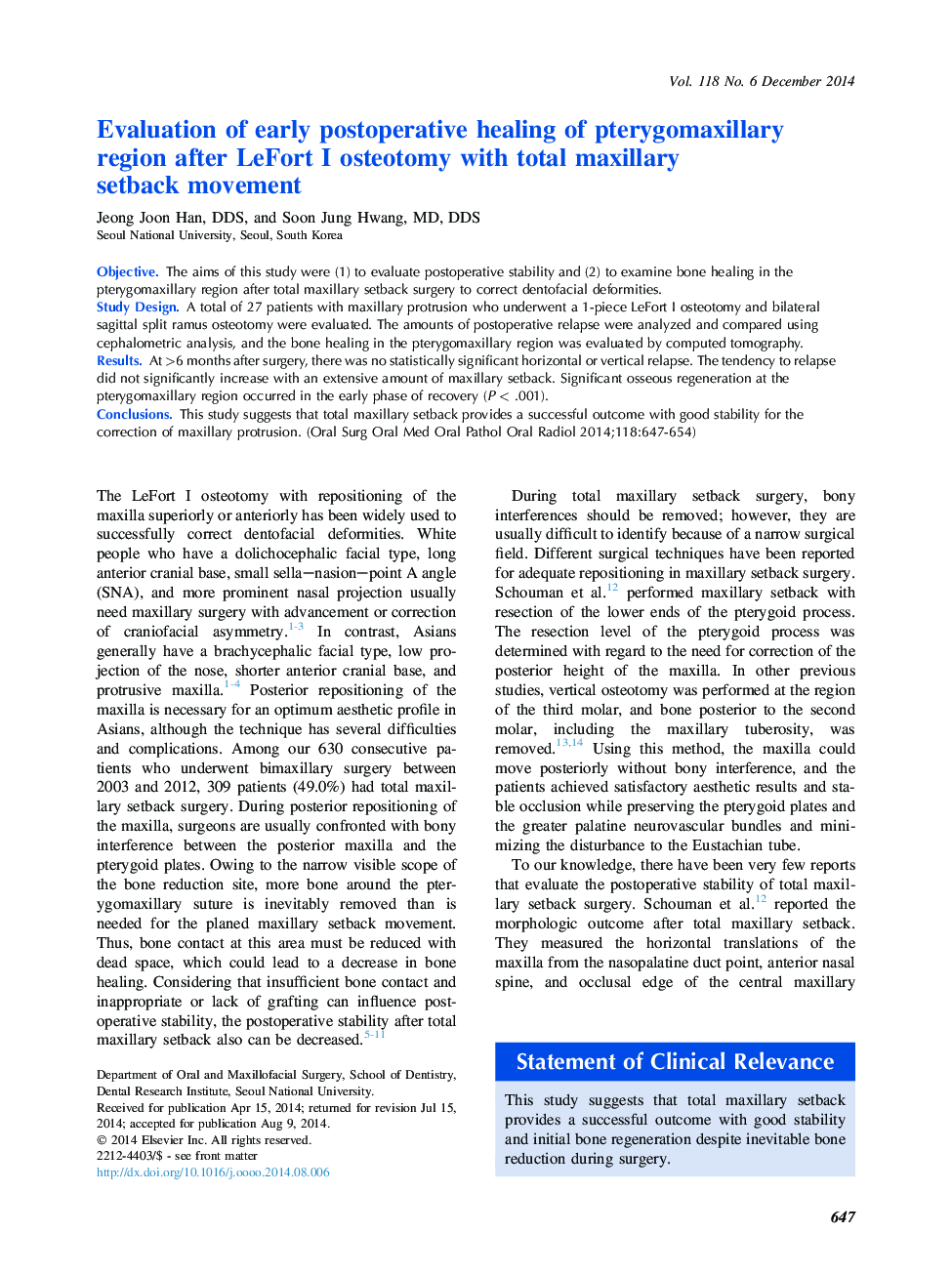 Evaluation of early postoperative healing of pterygomaxillary region after LeFort I osteotomy with total maxillary setbackÂ movement