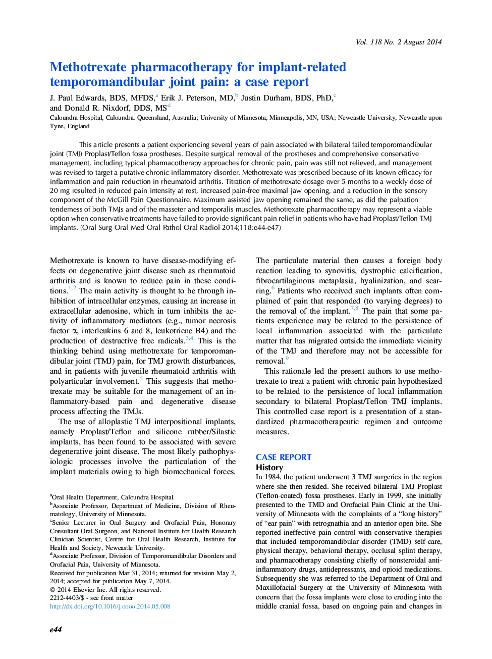 Oral medicineOnline only articleMethotrexate pharmacotherapy for implant-related temporomandibular joint pain: a case report