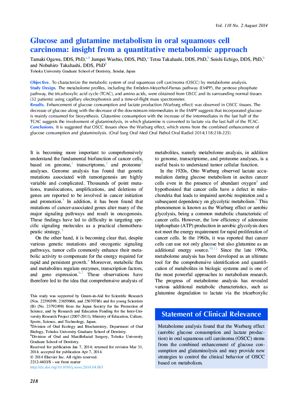 Oral and maxillofacial pathologyGlucose and glutamine metabolism in oral squamous cell carcinoma: insight from a quantitative metabolomic approach