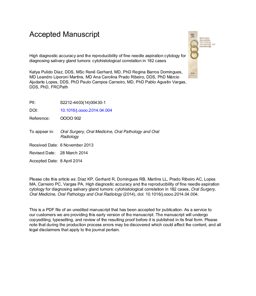 High diagnostic accuracy and reproducibility of fine-needle aspiration cytology for diagnosing salivary gland tumors: cytohistologic correlation in 182 cases