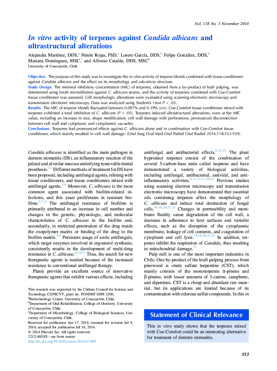 Oral medicineIn vitro activity of terpenes against Candida albicans and ultrastructural alterations