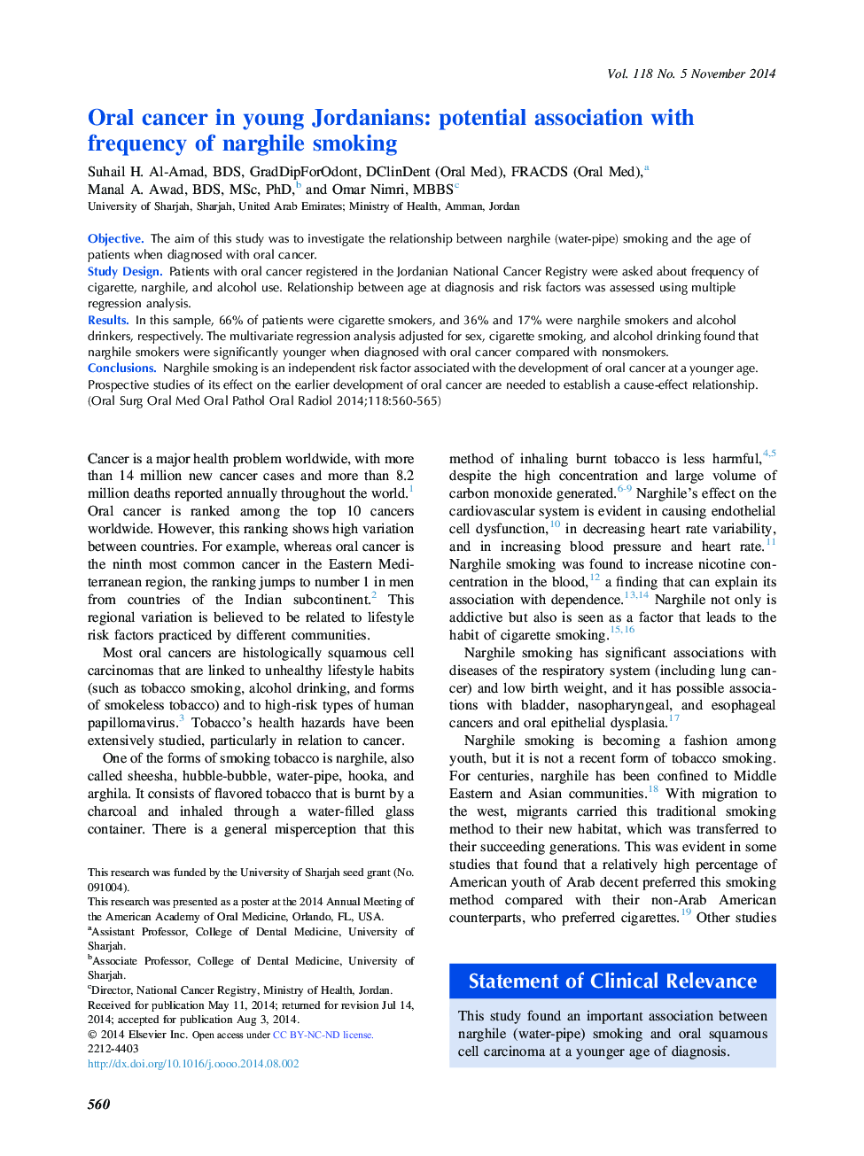 Oral medicineOral cancer in young Jordanians: potential association with frequency of narghile smoking