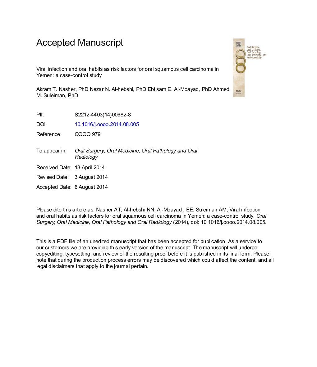 Viral infection and oral habits as risk factors for oral squamous cell carcinoma in Yemen: a case-control study