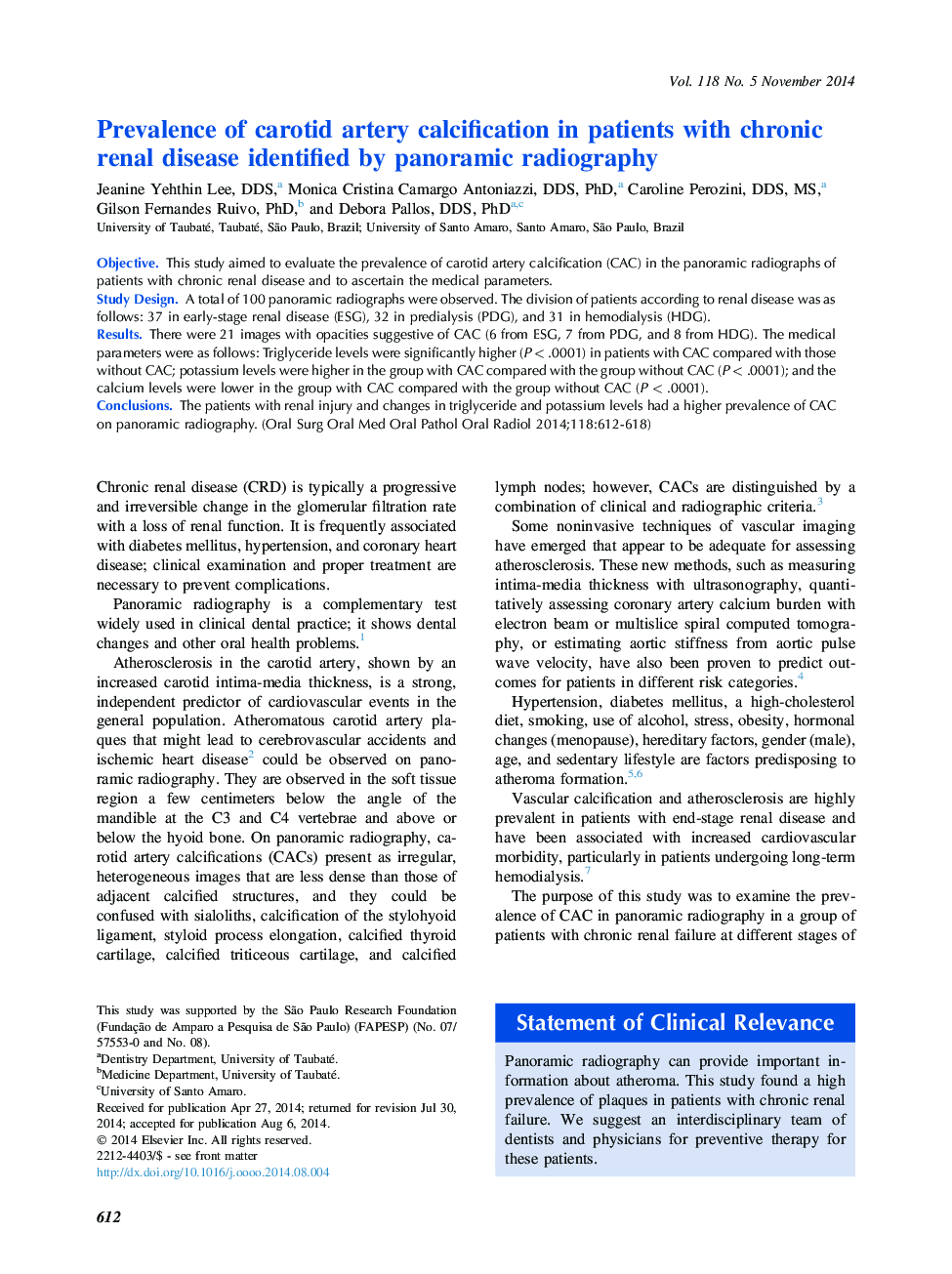 Prevalence of carotid artery calcification in patients with chronic renal disease identified by panoramic radiography