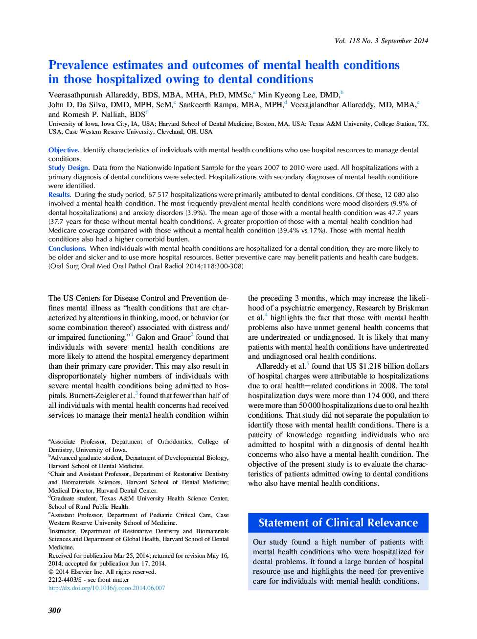 Prevalence estimates and outcomes of mental health conditions in those hospitalized owing to dental conditions