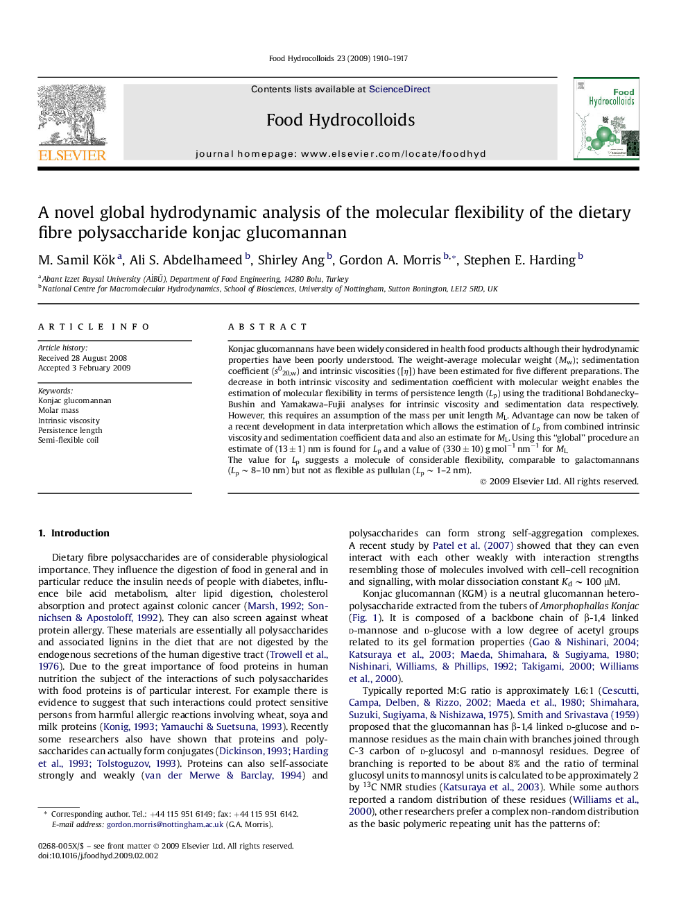 A novel global hydrodynamic analysis of the molecular flexibility of the dietary fibre polysaccharide konjac glucomannan