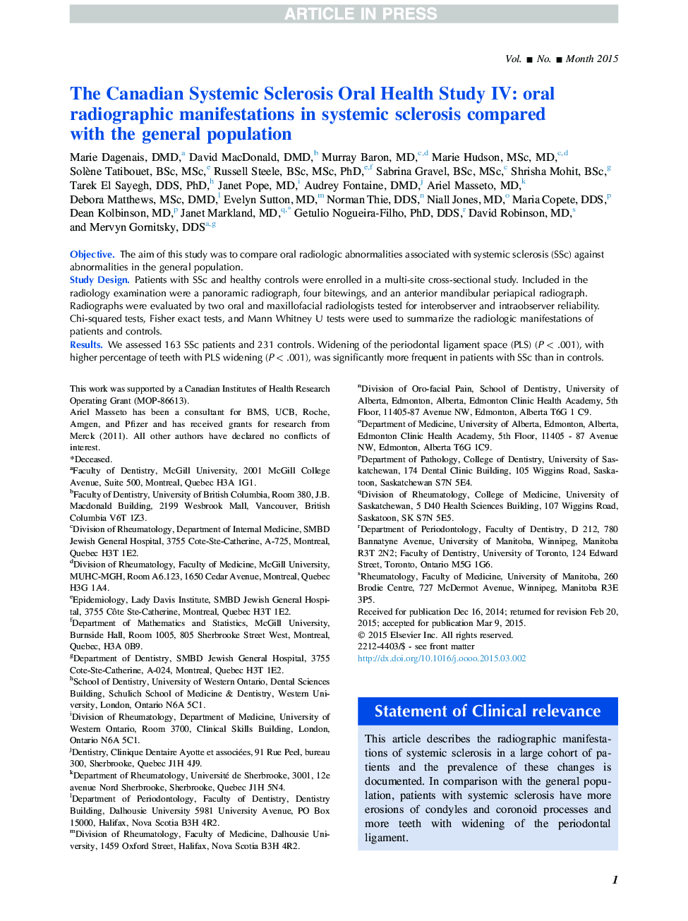 The Canadian Systemic Sclerosis Oral Health Study IV: oral radiographic manifestations in systemic sclerosis compared with the general population