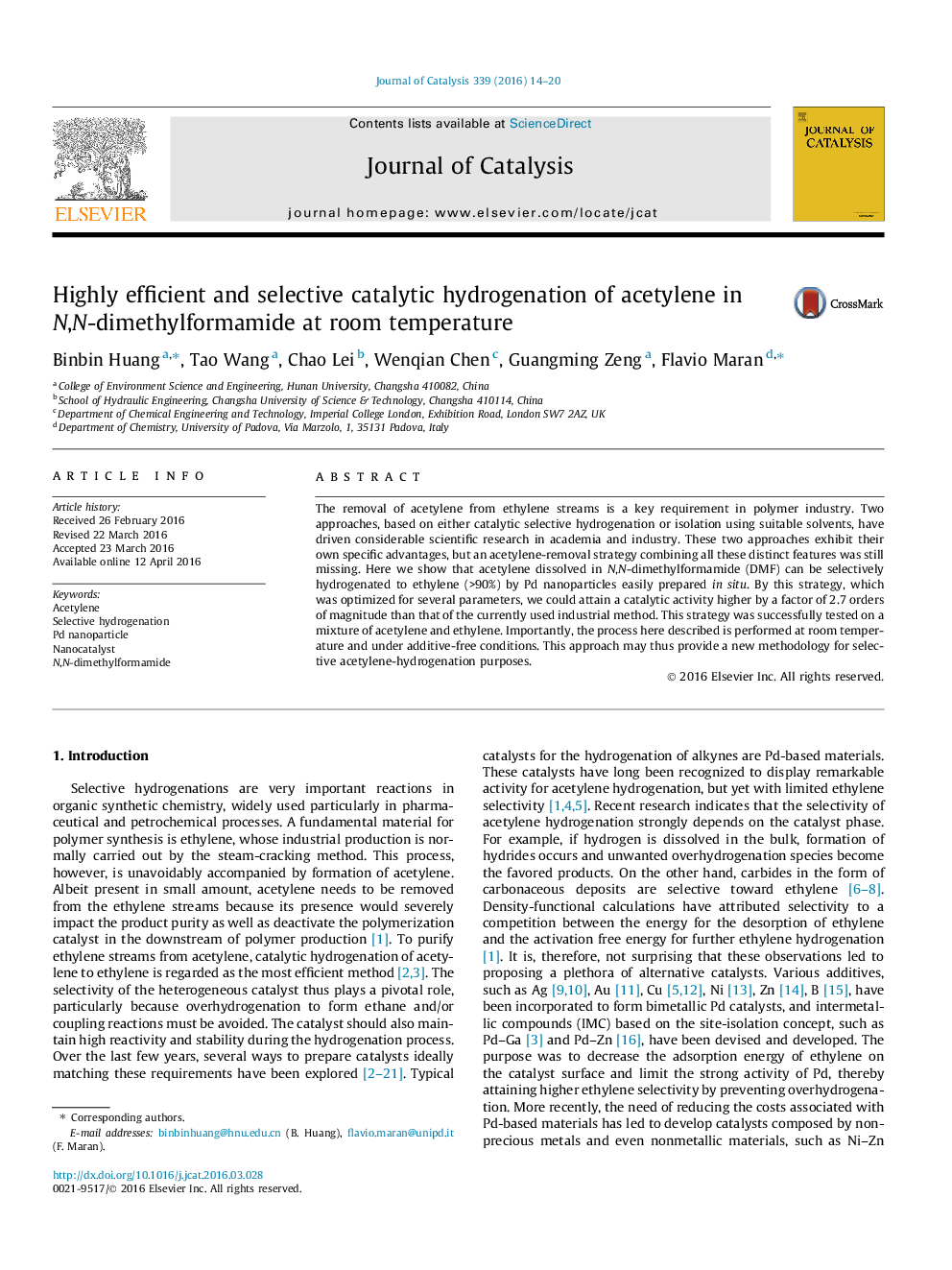 عکس صفحه اول مقاله: Highly efficient and selective catalytic hydrogenation of acetylene in N,N-dimethylformamide at room temperature Highly efficient and selective catalytic hydrogenation of acetylene in N,N-dimethylformamide at room temperature