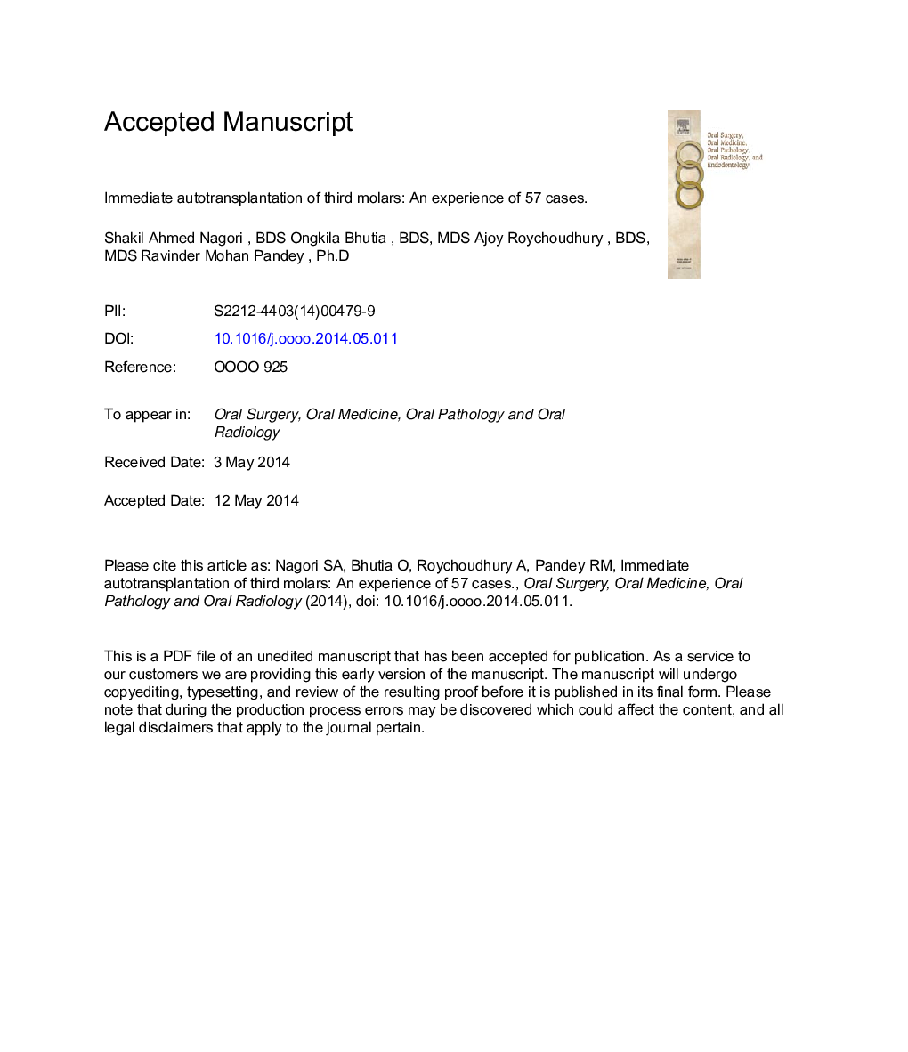 Immediate autotransplantation of third molars: an experience ofÂ 57Â cases