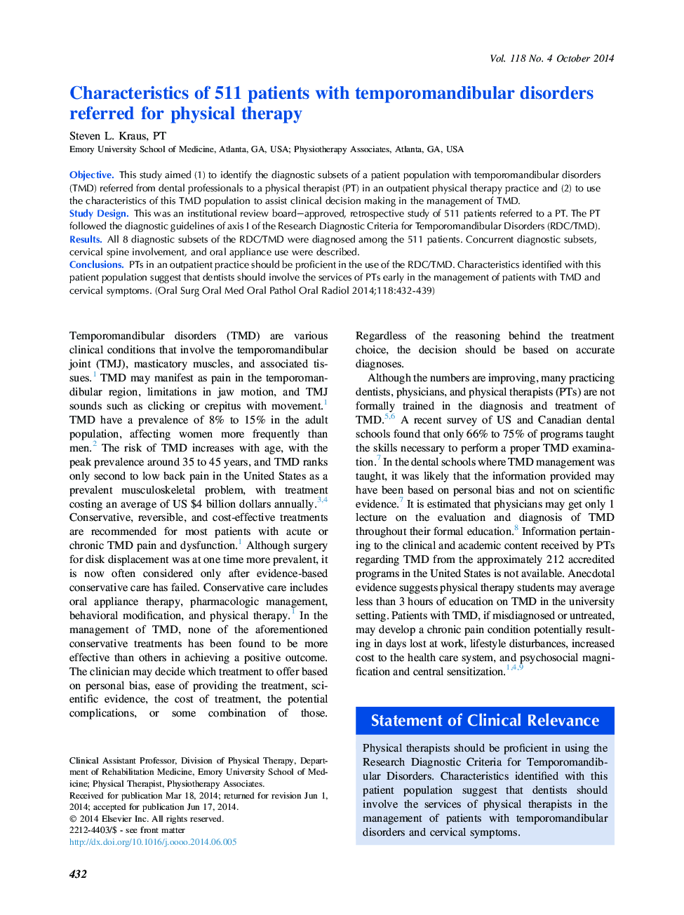 Characteristics of 511 patients with temporomandibular disorders referred for physical therapy