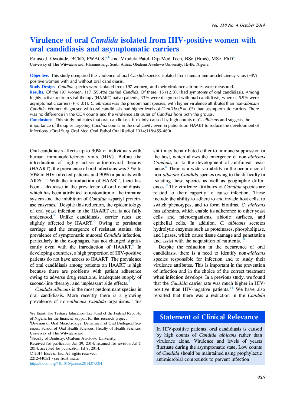 Oral medicineVirulence of oral Candida isolated from HIV-positive women with oral candidiasis and asymptomatic carriers