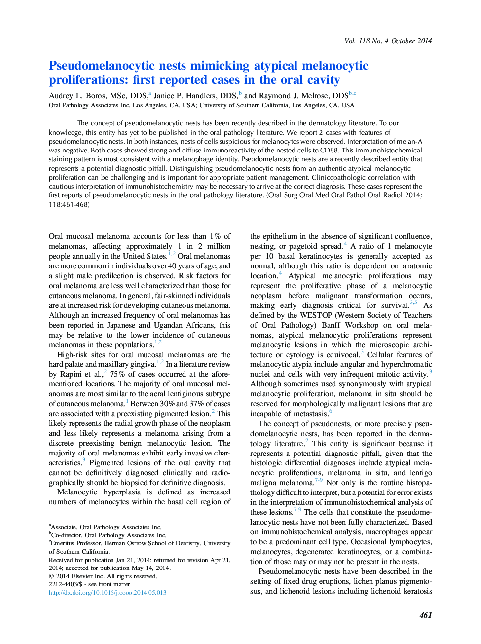 Pseudomelanocytic nests mimicking atypical melanocytic proliferations: first reported cases in the oral cavity