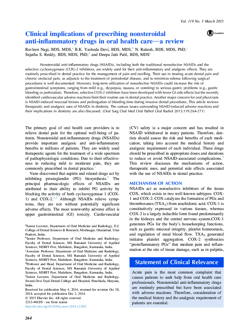 Clinical implications of prescribing nonsteroidal anti-inflammatory drugs in oral health care-a review