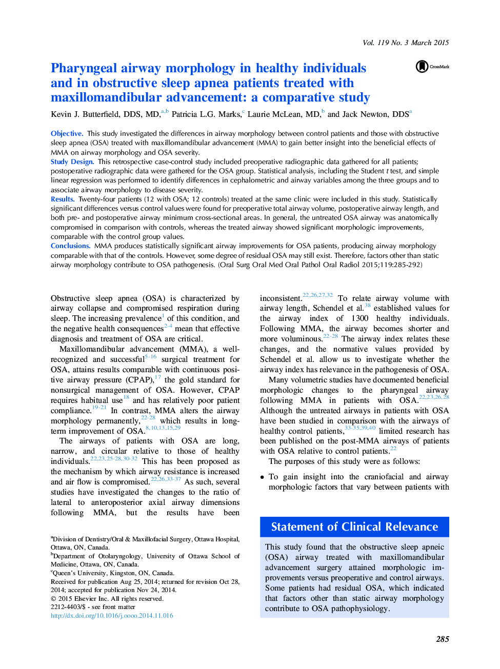 Pharyngeal airway morphology in healthy individuals and in obstructive sleep apnea patients treated with maxillomandibular advancement: a comparative study