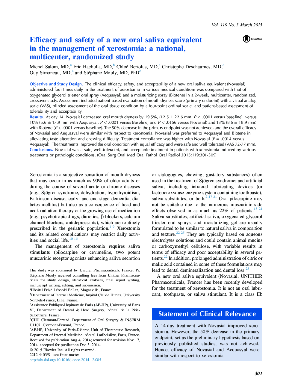 Oral medicineEfficacy and safety of a new oral saliva equivalent in the management of xerostomia: a national, multicenter, randomized study