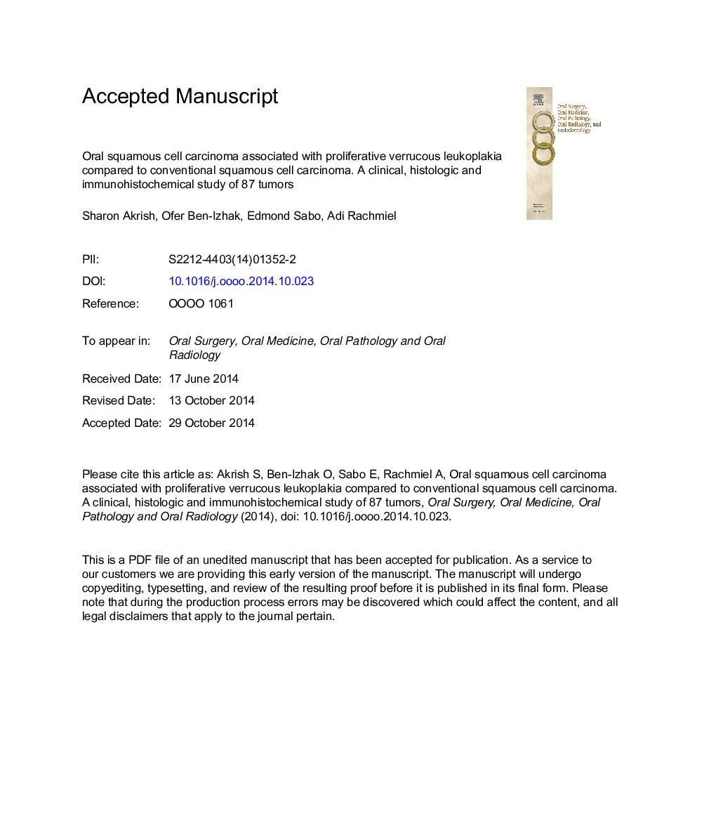 کارسینوم سلول سنگفرشی خوراکی همراه با لکوپالاکی ورید وریدی در مقایسه با کارسینوم سلول سنگفرشی معمول - یک مطالعه بالینی، بافت شناسی و ایمونوهیستوشیمی 