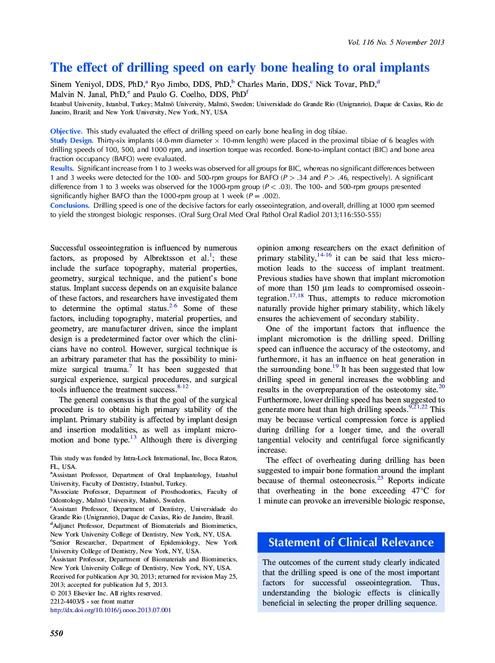 The effect of drilling speed on early bone healing to oral implants