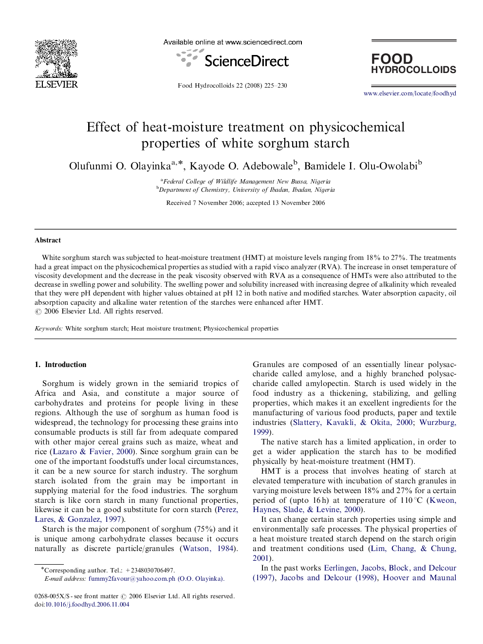 Effect of heat-moisture treatment on physicochemical properties of white sorghum starch