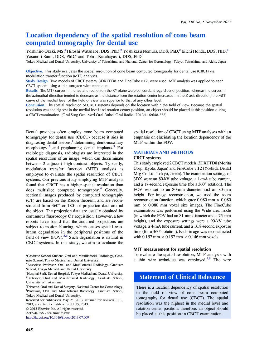 Location dependency of the spatial resolution of cone beam computed tomography for dental use