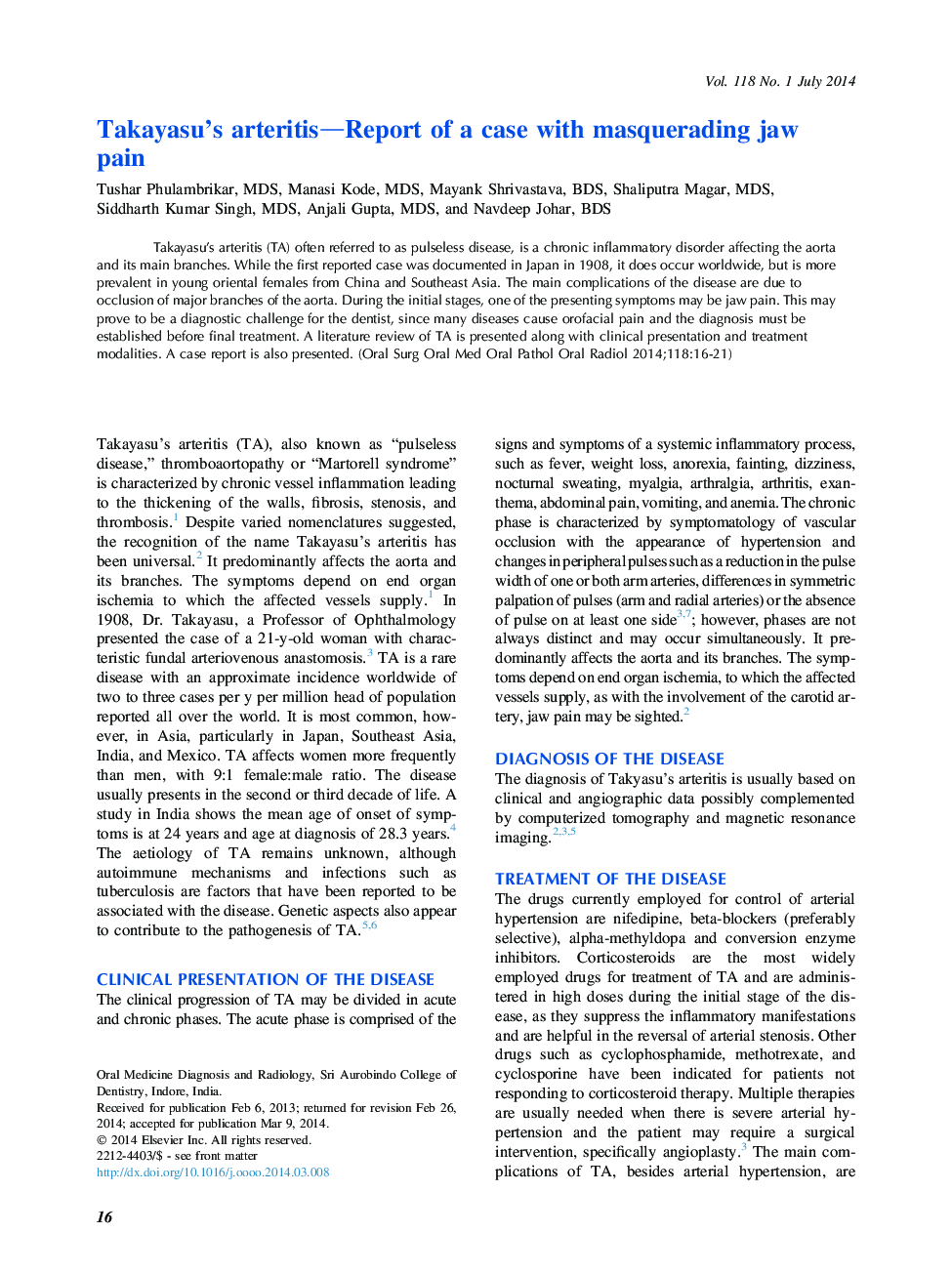 Medical management and pharmacology updateTakayasu's arteritis-Report of a case with masquerading jaw pain