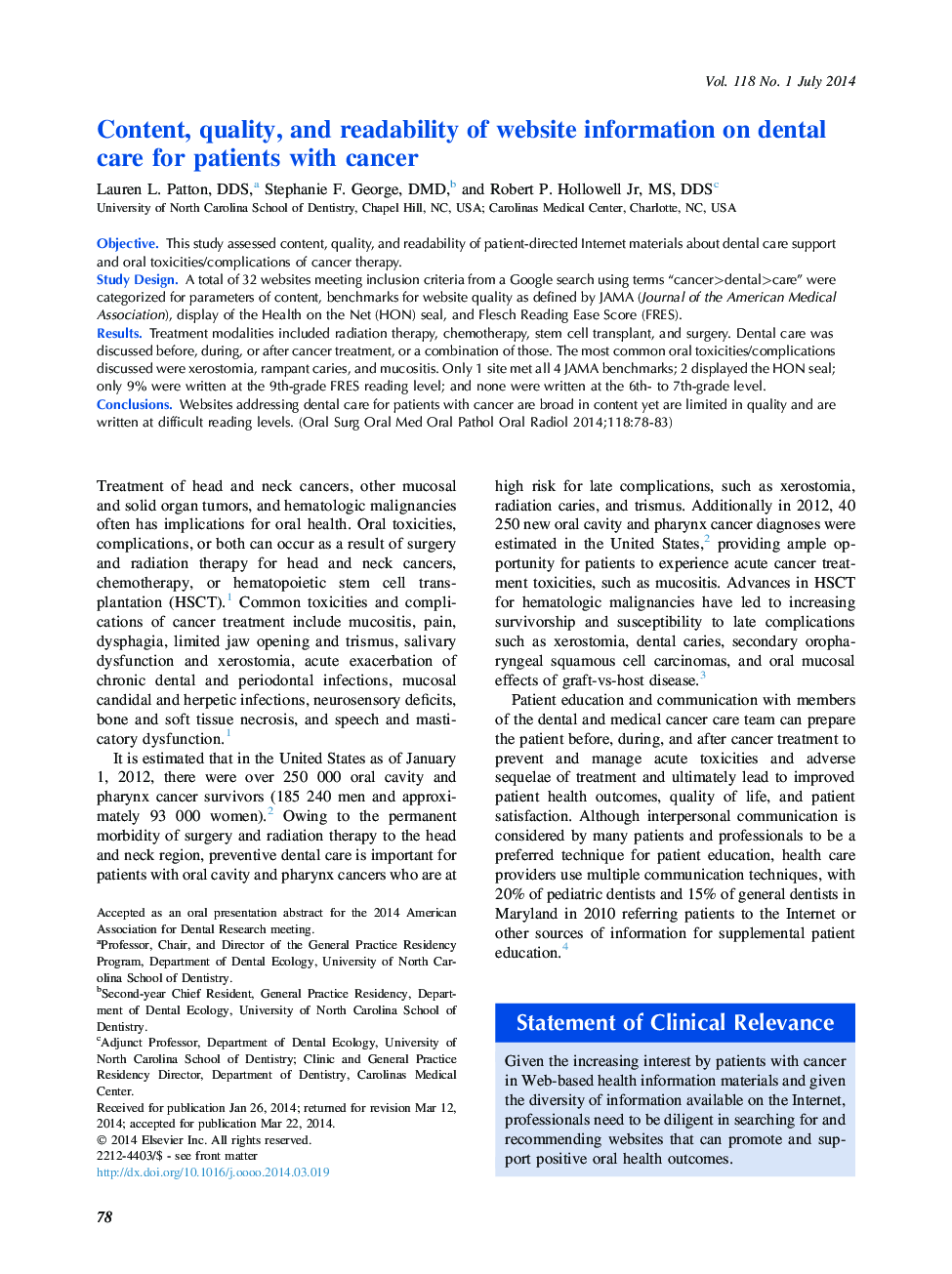 Oral medicineContent, quality, and readability of website information on dental care for patients with cancer