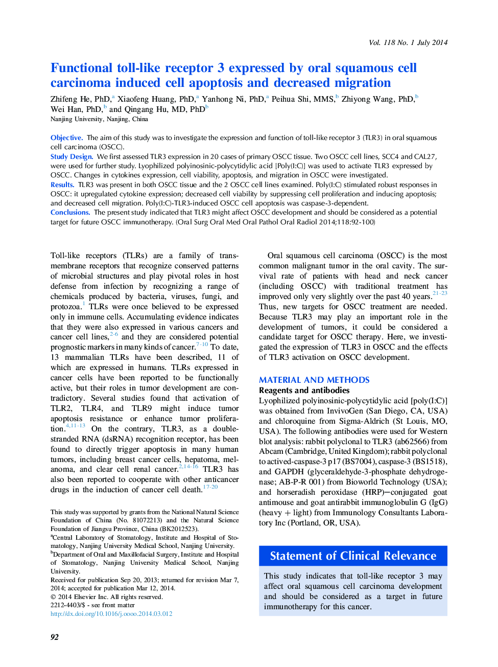 Functional toll-like receptor 3 expressed by oral squamous cell carcinoma induced cell apoptosis and decreased migration