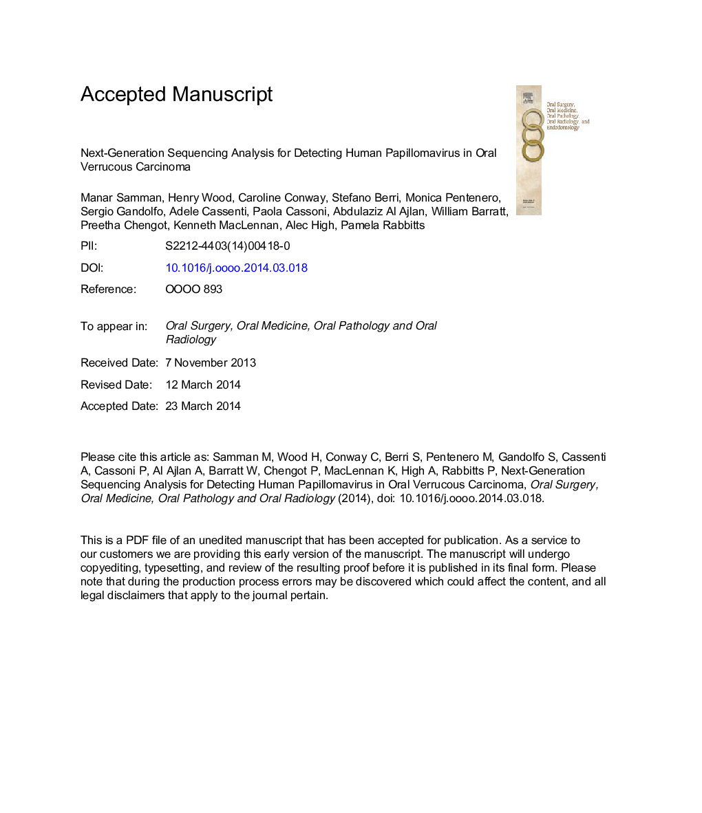 Next-generation sequencing analysis for detecting human papillomavirus in oral verrucous carcinoma