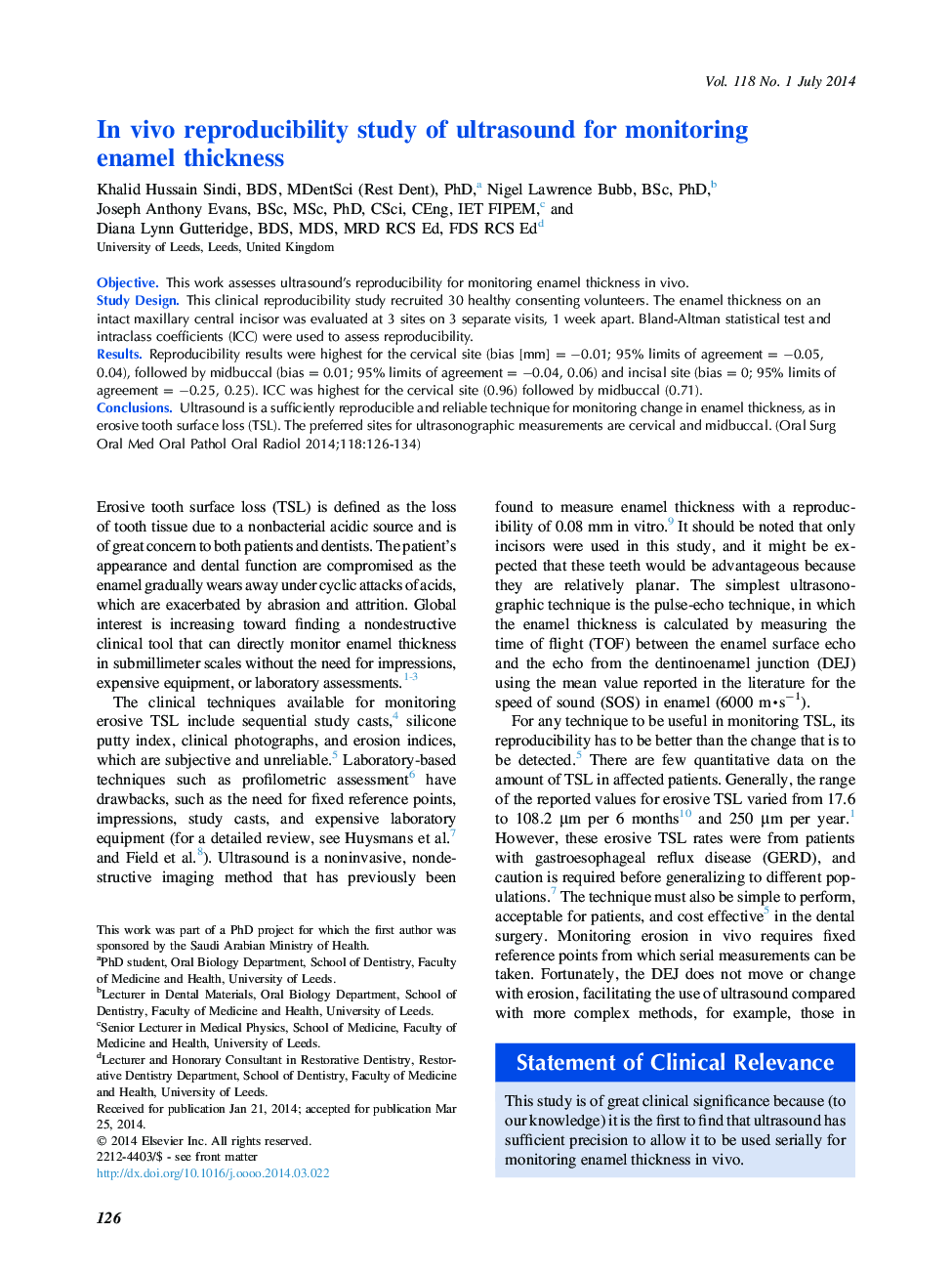 Oral and maxillofacial radiologyIn vivo reproducibility study of ultrasound for monitoring enamelÂ thickness