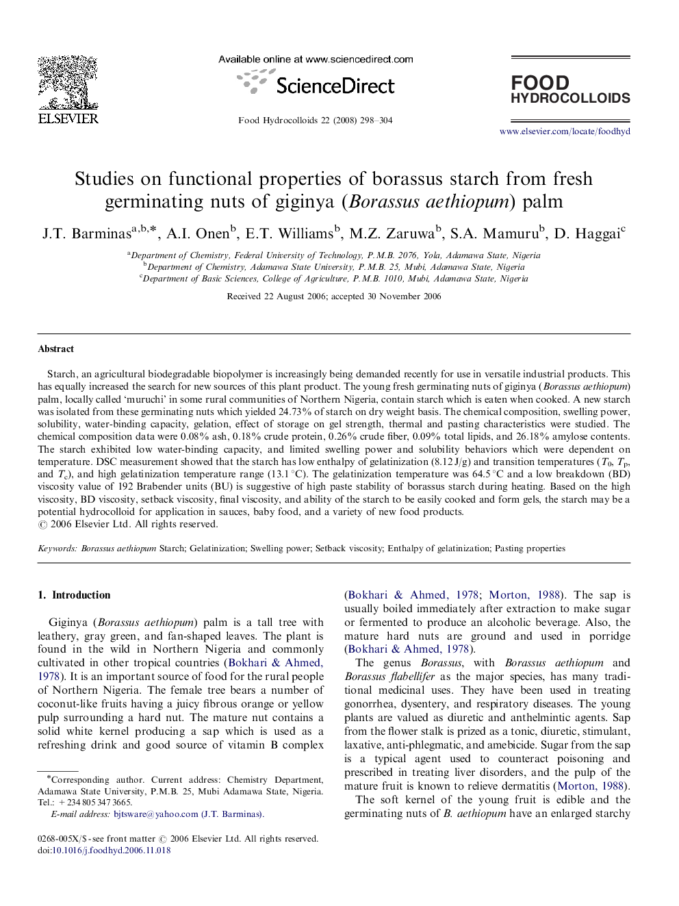 Studies on functional properties of borassus starch from fresh germinating nuts of giginya (Borassus aethiopum) palm