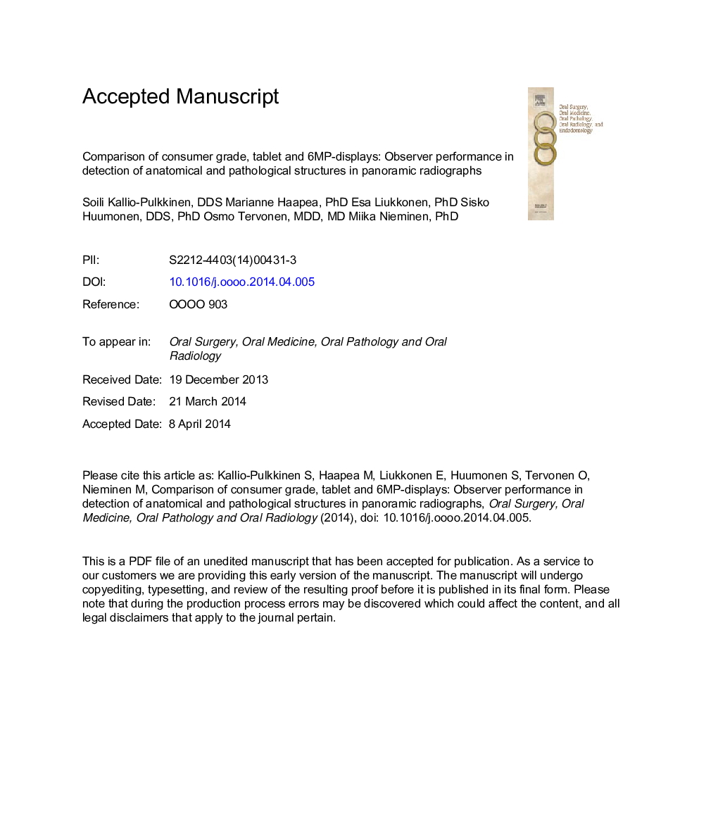 Comparison of consumer grade, tablet and 6MP-displays: observer performance in detection of anatomical and pathological structures in panoramic radiographs
