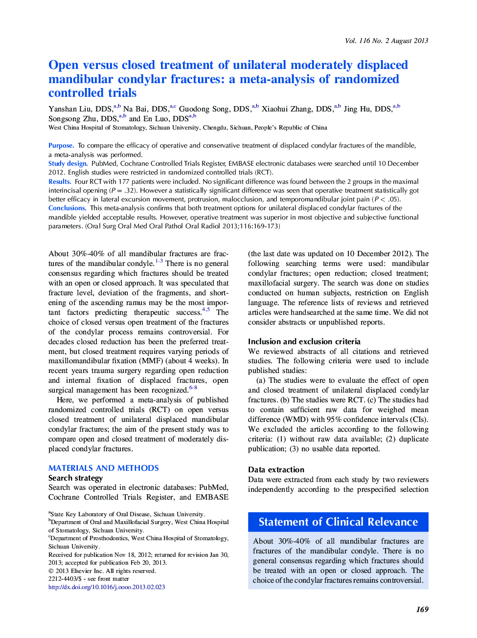 Oral and maxillofacial surgeryOpen versus closed treatment of unilateral moderately displaced mandibular condylar fractures: a meta-analysis of randomized controlled trials