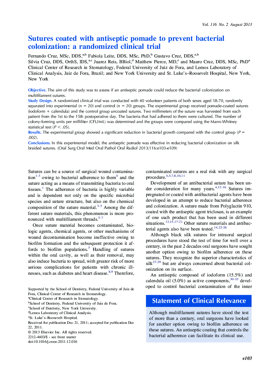 Sutures coated with antiseptic pomade to prevent bacterial colonization: a randomized clinical trial