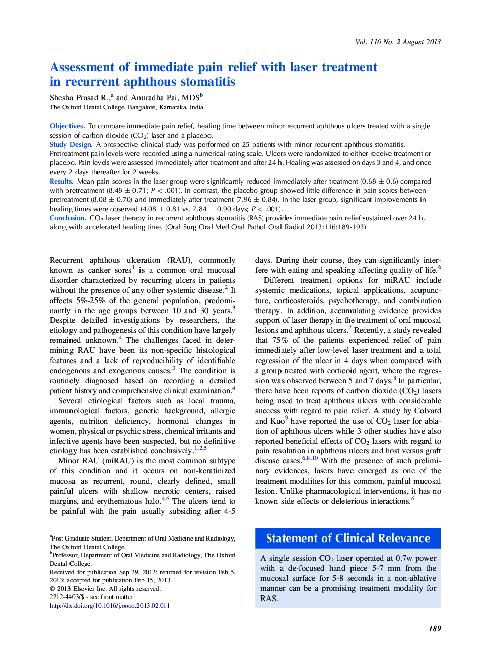 Oral medicineAssessment of immediate pain relief with laser treatment in recurrent aphthous stomatitis