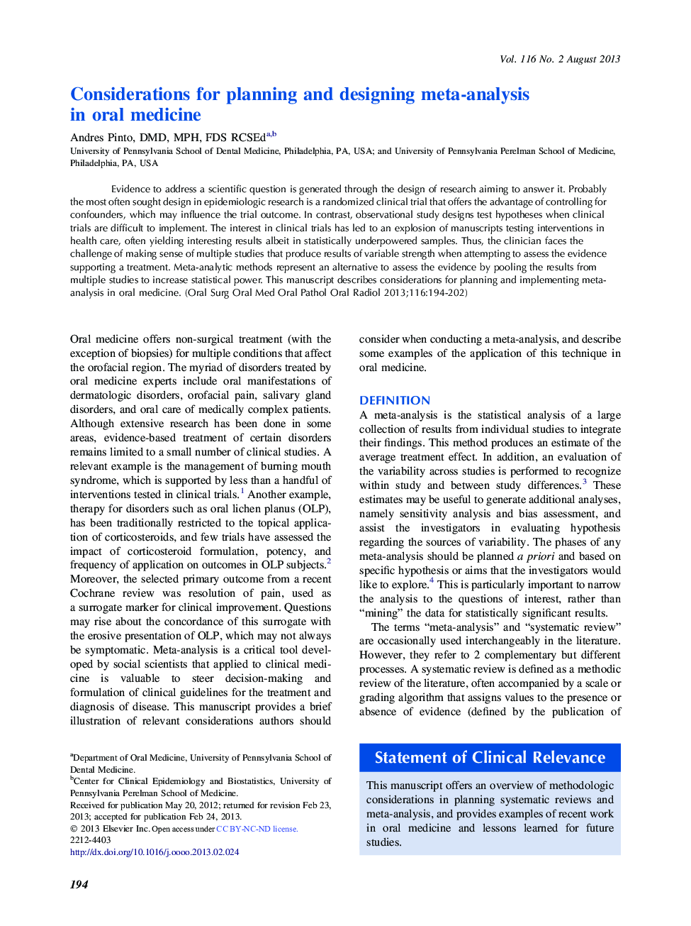 Oral medicineConsiderations for planning and designing meta-analysis in oral medicine