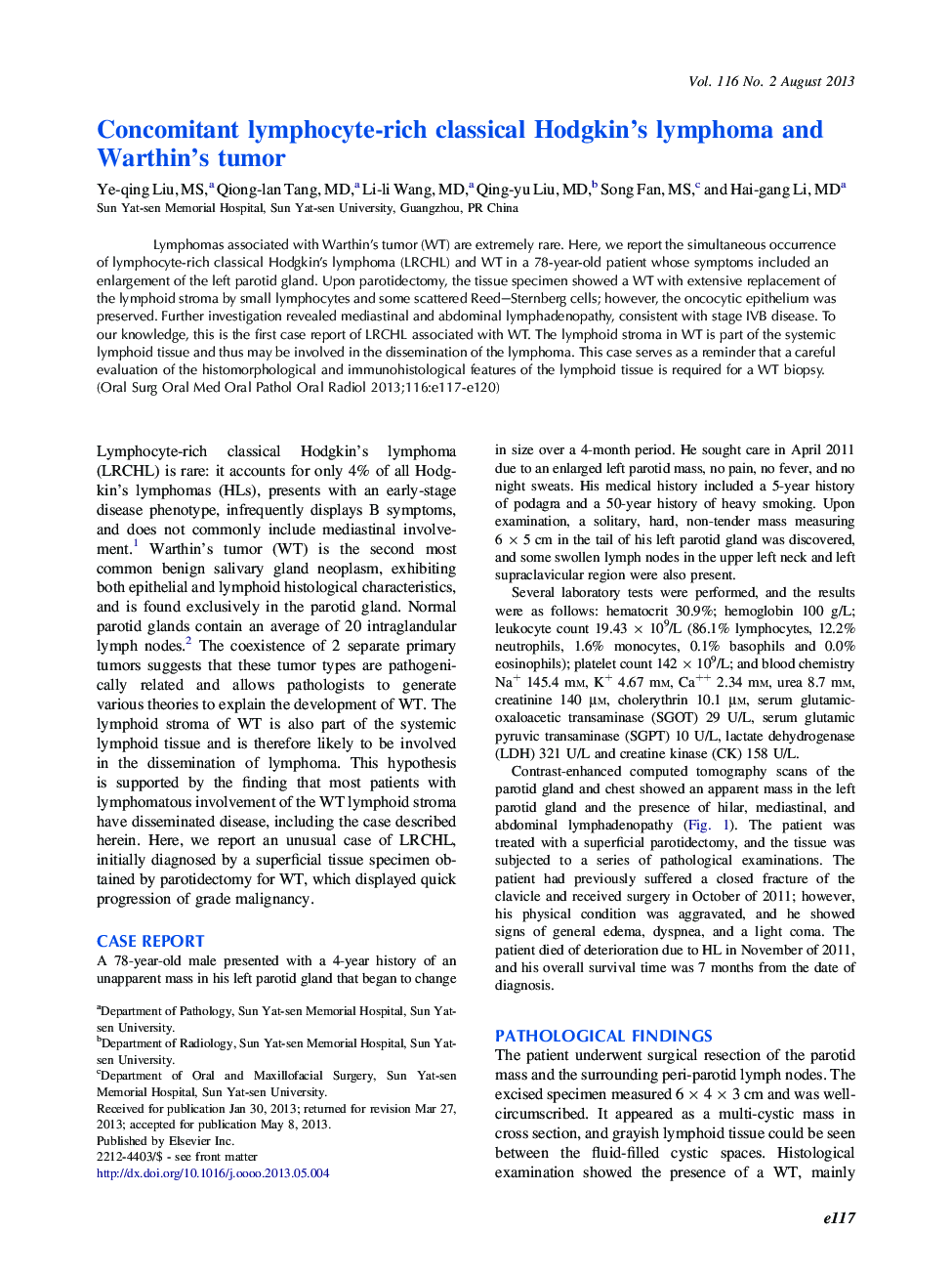 Concomitant lymphocyte-rich classical Hodgkin's lymphoma and Warthin's tumor