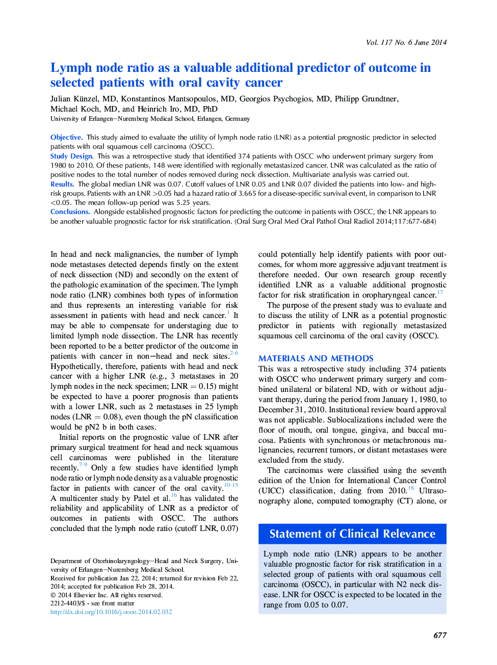 Lymph node ratio as a valuable additional predictor of outcome in selected patients with oral cavity cancer