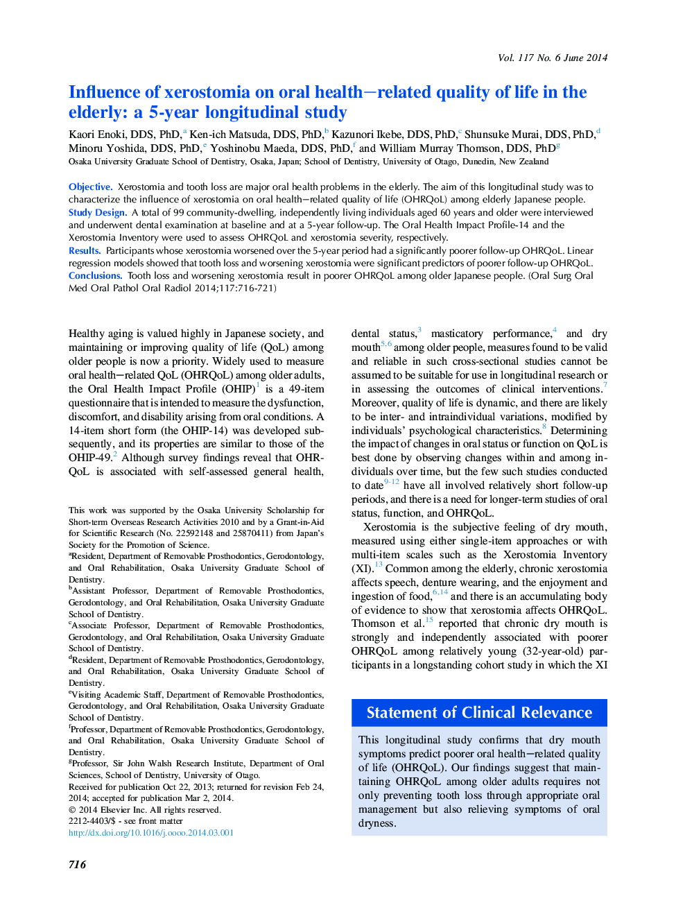 Influence of xerostomia on oral health-related quality of life in the elderly: a 5-year longitudinal study